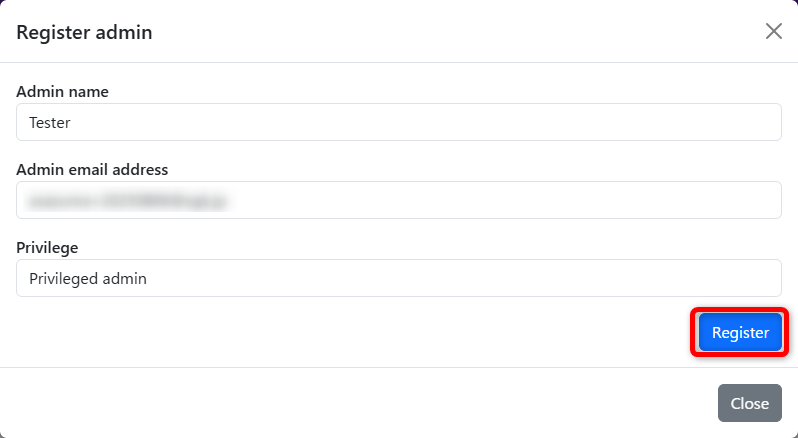 register admin modal