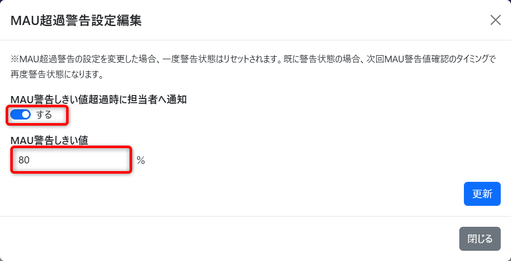 MAU超過警告設定編集モーダル