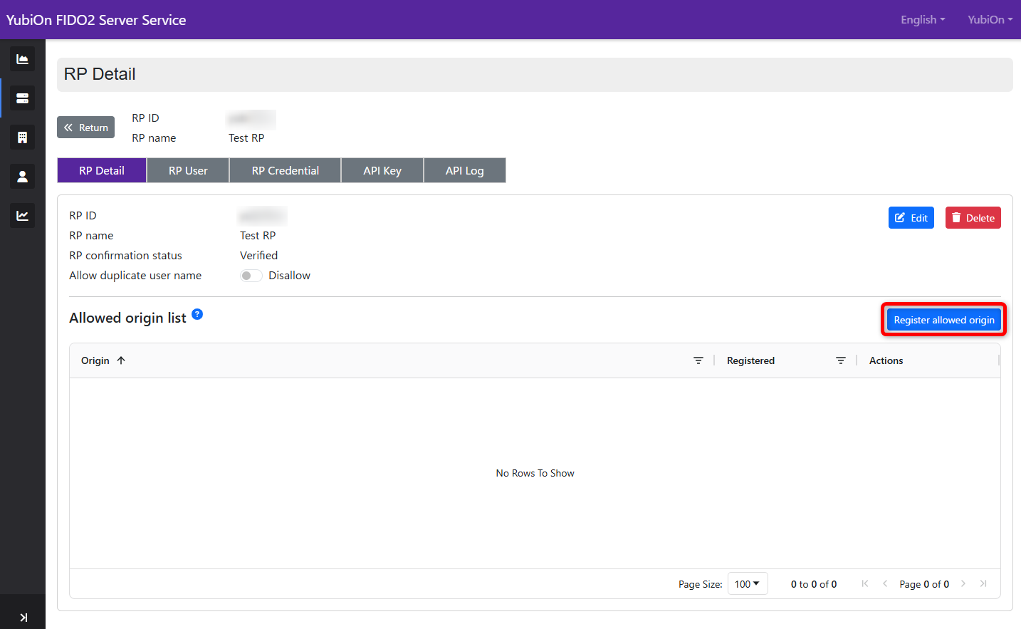 register allowed origin button